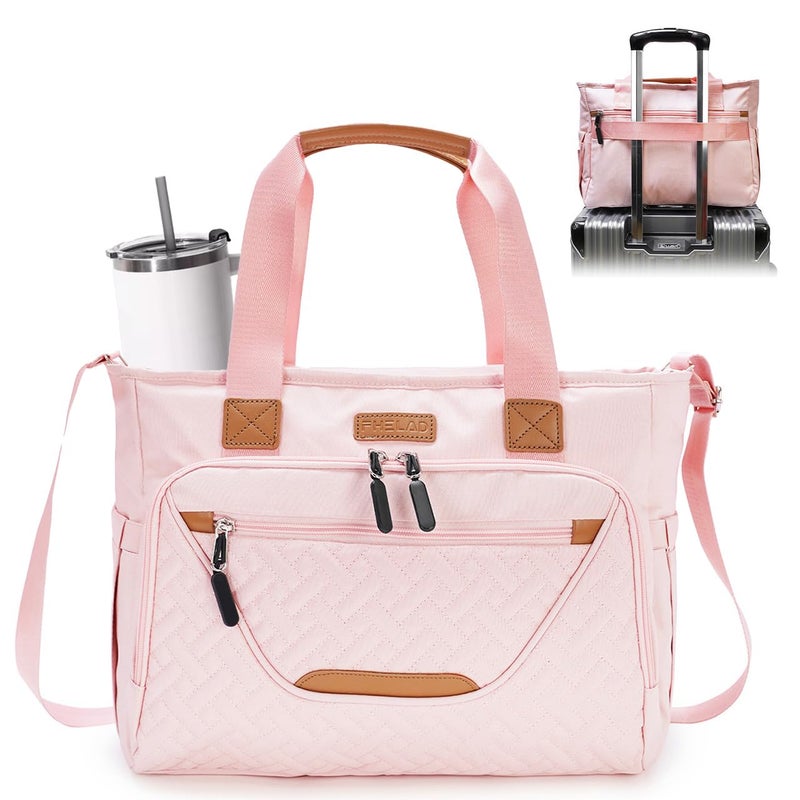 FHELAD Diaper Tote Bag for Women, Baby Bags with 15.6 Inch Laptop Compartment, Travel Diaper Bag with Insulated Pocket Ideal for Baby Registry (Pink) - Image 1